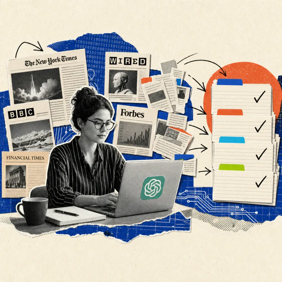 An office worker sits at a laptop with a ChatGPT logo sticker, surrounded by floating clipped web page fragments arranging themselves into a stack of index cards with checkmarks.