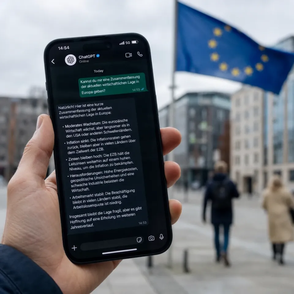 Hand holding a smartphone with a WhatsApp chat with ChatGPT, EU flag blurred in the background.