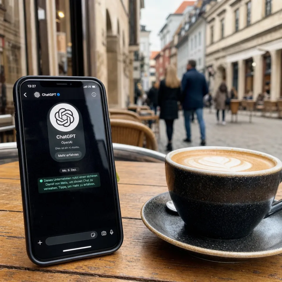 Smartphone showing WhatsApp with a ChatGPT contact on a café table in a European old town, cappuccino beside it.