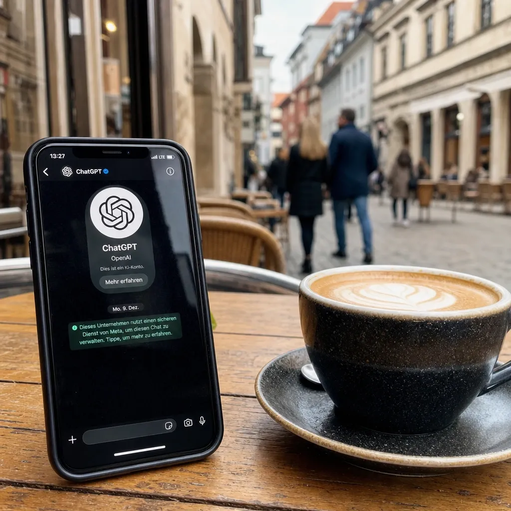 Smartphone showing WhatsApp with a ChatGPT contact on a café table in a European old town, cappuccino beside it.
