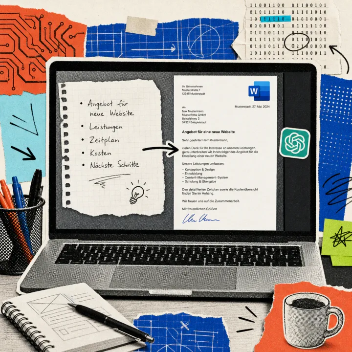 Ein Laptop-Bildschirm zeigt links Stichpunkte, rechts einen fertigen Brief in Word, mit einem ChatGPT-Logo-Sticker an der Seitenleiste.