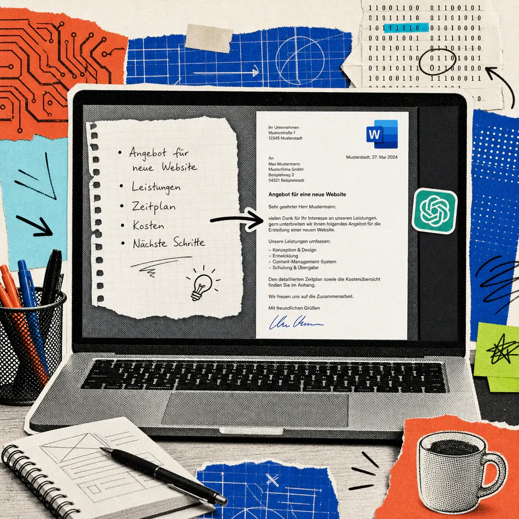 A laptop screen shows bullet points on the left, a finished letter in Word on the right, with a ChatGPT logo sticker on the sidebar.