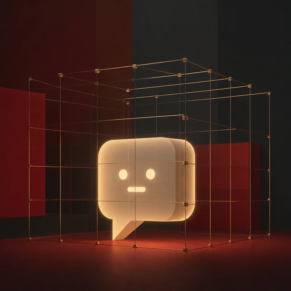 Abstract geometric illustration: a glowing speech bubble with an abstract facial pattern, enclosed by a translucent cage of thin lines, symbolizing regulatory control of human-like AI