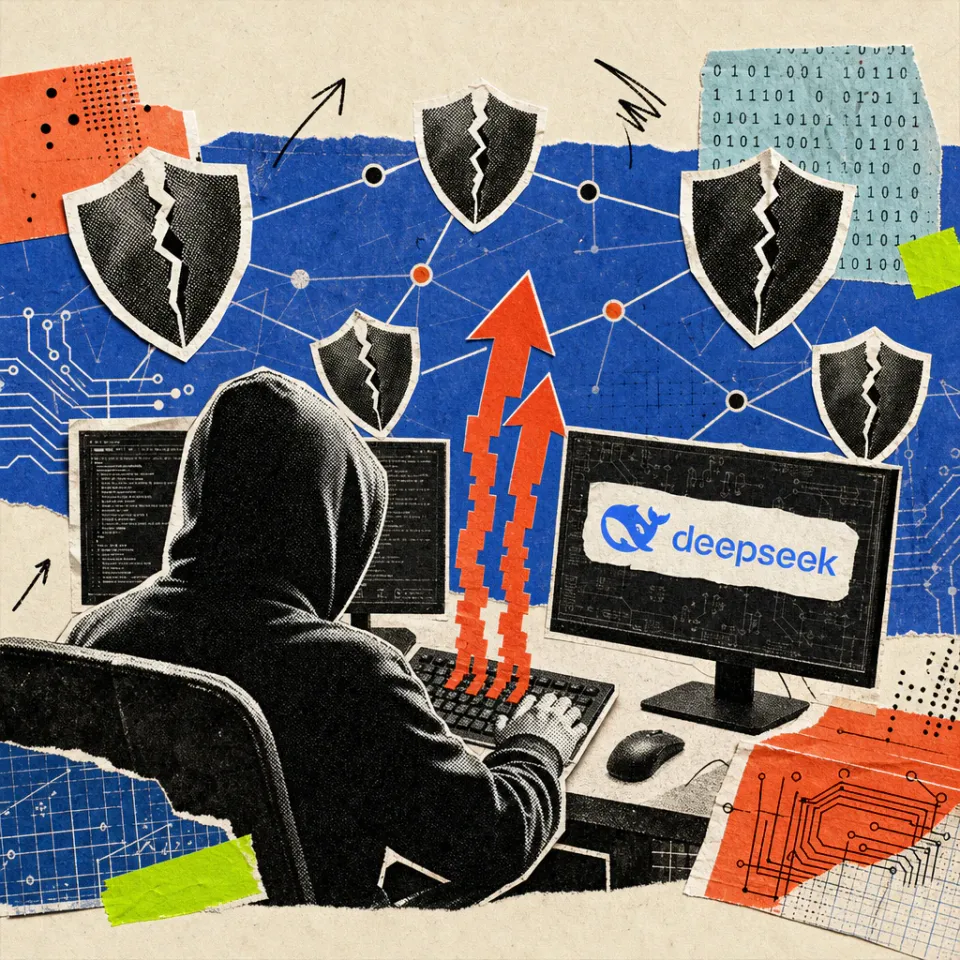 Eine Hackerfigur sitzt vor zwei Bildschirmen mit einem DeepSeek-Logo-Sticker, während aus der Tastatur zwei rote Pfeile nach oben wachsen und mehrere durchbrochene Schild-Symbole als Angriffsziele umgeben.