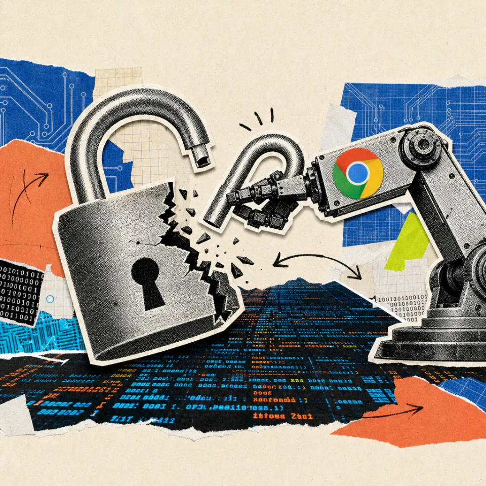 Ein Roboterarm mit Chrome-Logo verschließt ein aufgebrochenes, überdimensionales Vorhängeschloss über einer Landschaft aus Programmcode.