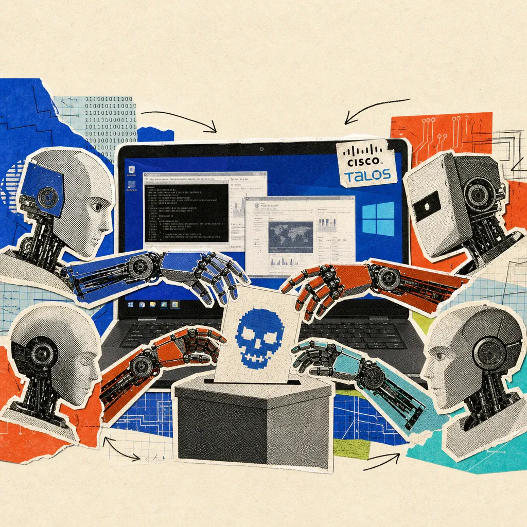 Vier Roboterköpfe strecken je eine mechanische Hand zur Abstimmung über einen Stimmzettel mit Totenkopf-Symbol, im Hintergrund ein Laptop mit Windows-Fenstern und ein Cisco-Talos-Logo-Sticker.