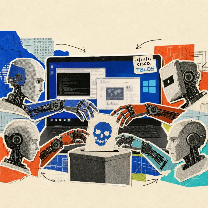 Vier Roboterköpfe strecken je eine mechanische Hand zur Abstimmung über einen Stimmzettel mit Totenkopf-Symbol, im Hintergrund ein Laptop mit Windows-Fenstern und ein Cisco-Talos-Logo-Sticker.