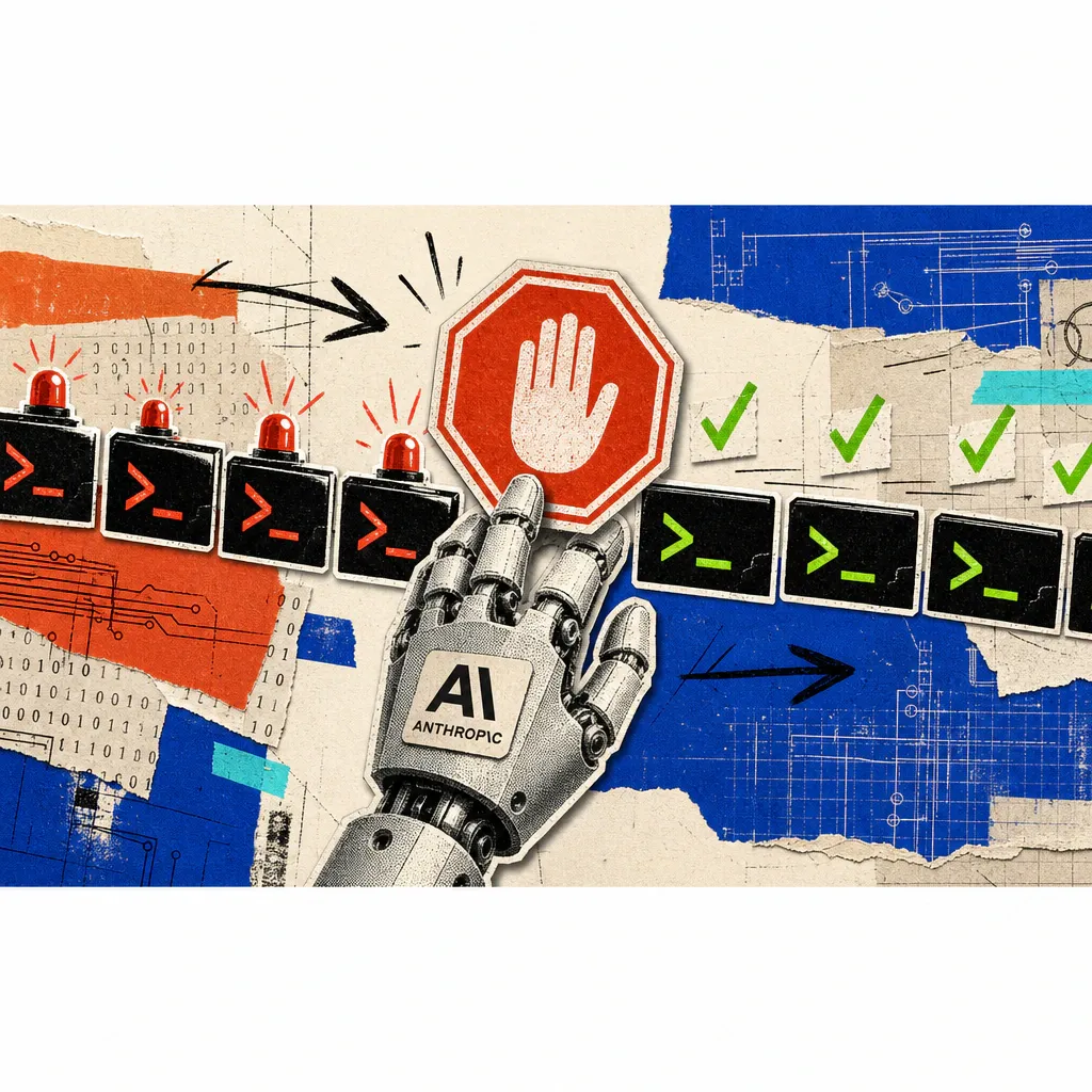 Eine Roboterhand mit Anthropic-Logo hält ein rotes Stoppschild vor eine Reihe blinkender Kommandozeilen-Symbole, während andere Befehle grün markiert ungehindert weiterlaufen.