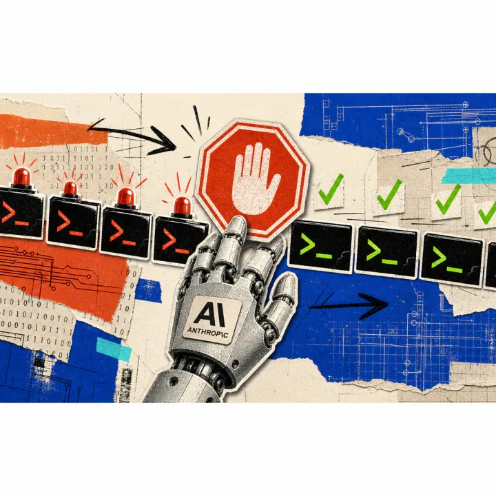 Eine Roboterhand mit Anthropic-Logo hält ein rotes Stoppschild vor eine Reihe blinkender Kommandozeilen-Symbole, während andere Befehle grün markiert ungehindert weiterlaufen.