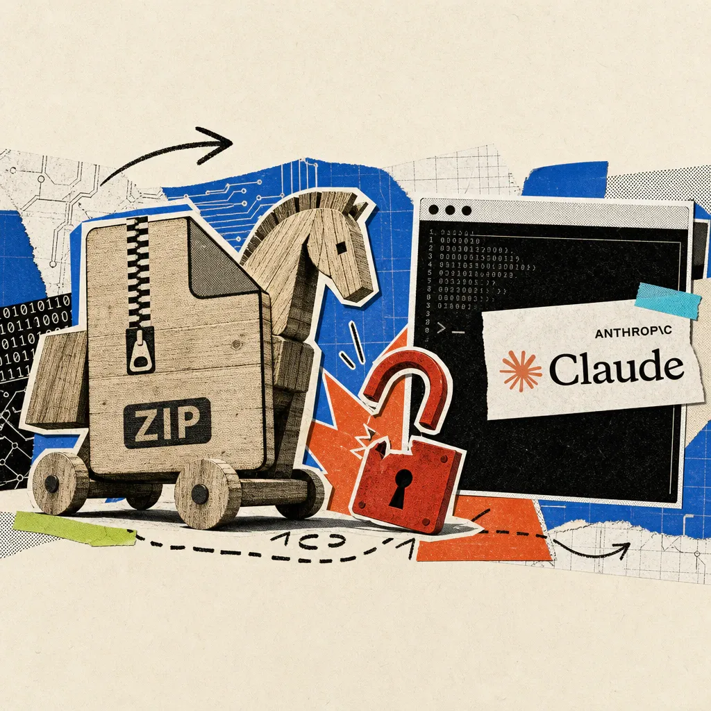 Ein hölzernes Trojanisches Pferd in Form einer ZIP-Datei-Silhouette schleicht an einem aufspringenden roten Vorhängeschloss vorbei, daneben ein Terminal-Fenster mit dem Anthropic-Claude-Logo als Sticker.