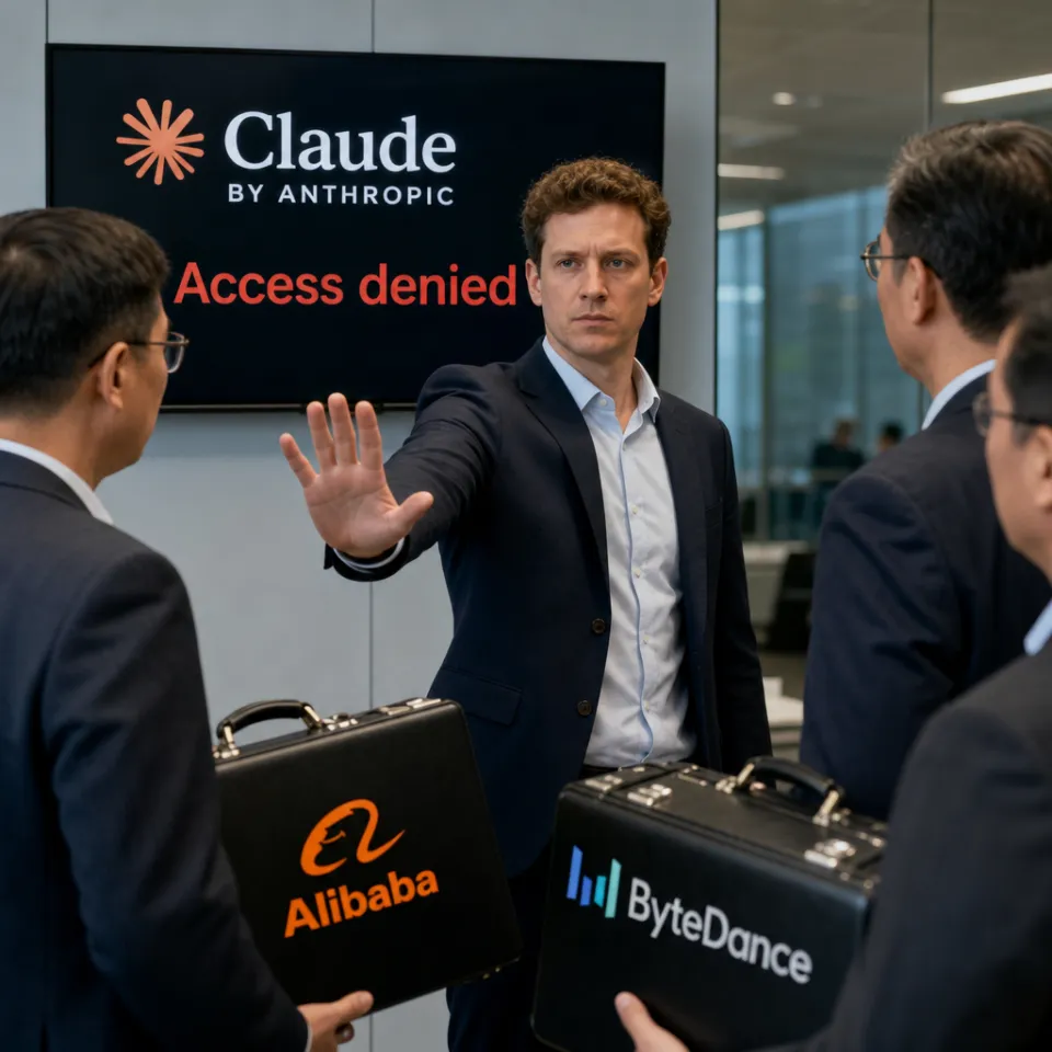 Fotorealistische Darstellung: Der CEO eines KI-Unternehmens weist vor einem großen Bildschirm mit Claude-Logo und der Aufschrift „Access denied“ eine Gruppe von Geschäftsleuten ab, deren Aktenkoffer die Logos von Alibaba und ByteDance tragen.