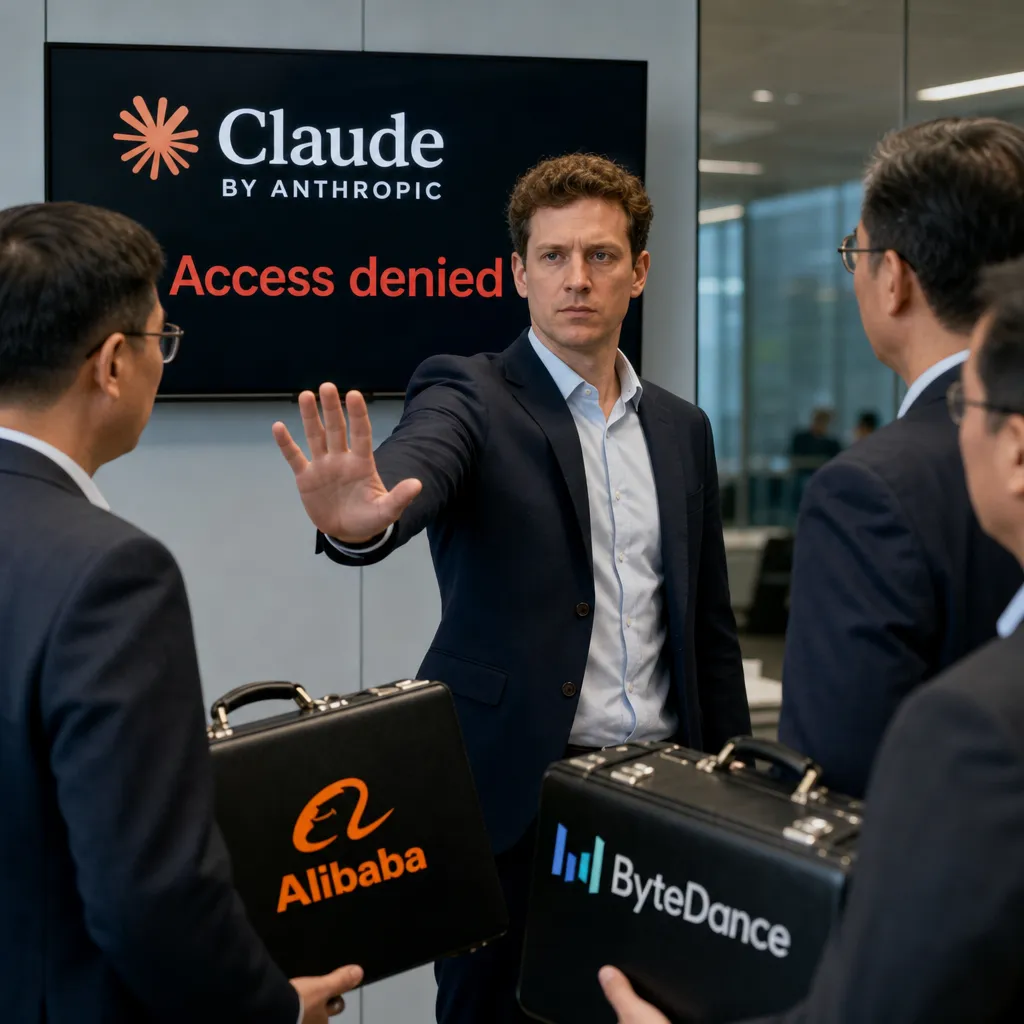 Fotorealistische Darstellung: Der CEO eines KI-Unternehmens weist vor einem großen Bildschirm mit Claude-Logo und der Aufschrift „Access denied“ eine Gruppe von Geschäftsleuten ab, deren Aktenkoffer die Logos von Alibaba und ByteDance tragen.