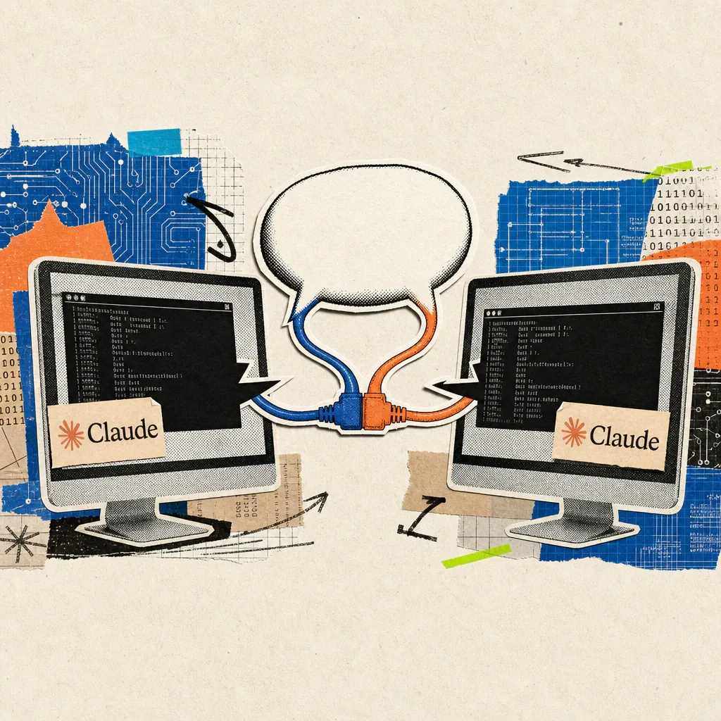 Zwei Terminal-Bildschirme mit Claude-Logo-Aufklebern sind durch eine gemeinsame Sprechblase verbunden, die von beiden Seiten ausgeht.