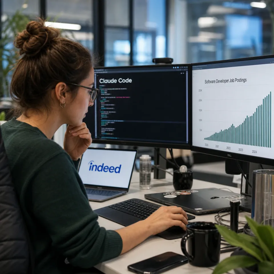 Software developer sitting in front of several monitors showing code and a bar chart about job postings