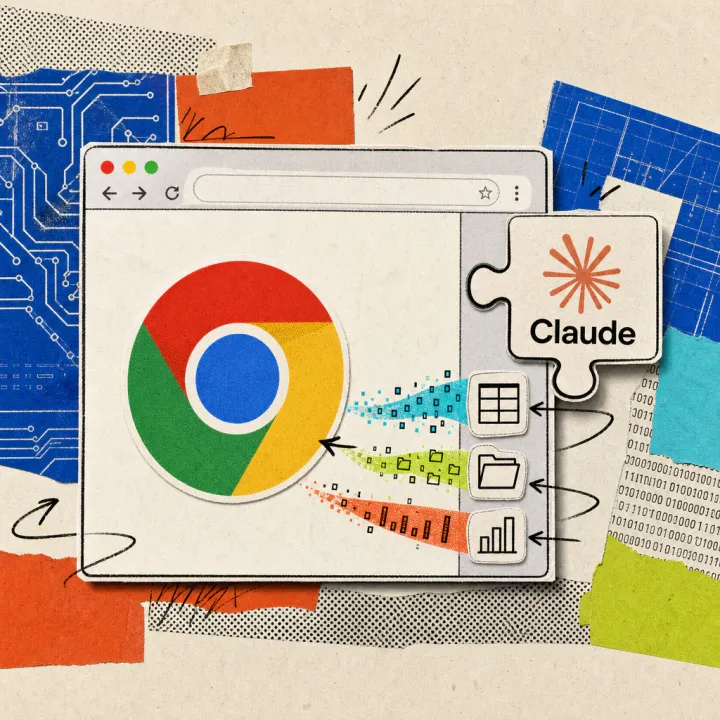 Ein Chrome-Browserfenster mit dem Claude-Logo in der Seitenleiste, aus der Symbole für eine Tabelle und einen Ordner in den Browserinhalt fließen.