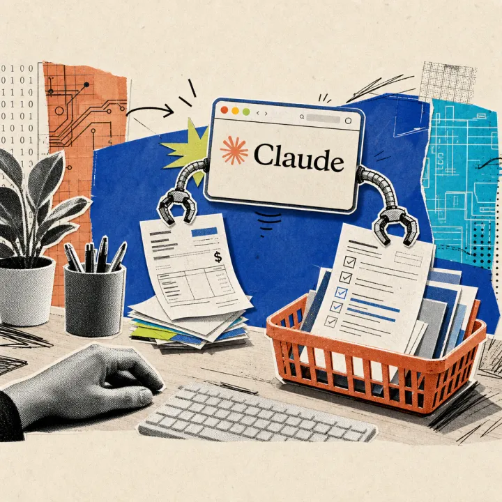 Ein Browserfenster mit Claude-Logo-Sticker schwebt neben einer entspannten Hand am Schreibtisch und sortiert Rechnungen und Formulare selbstständig in einen Ablagekorb.