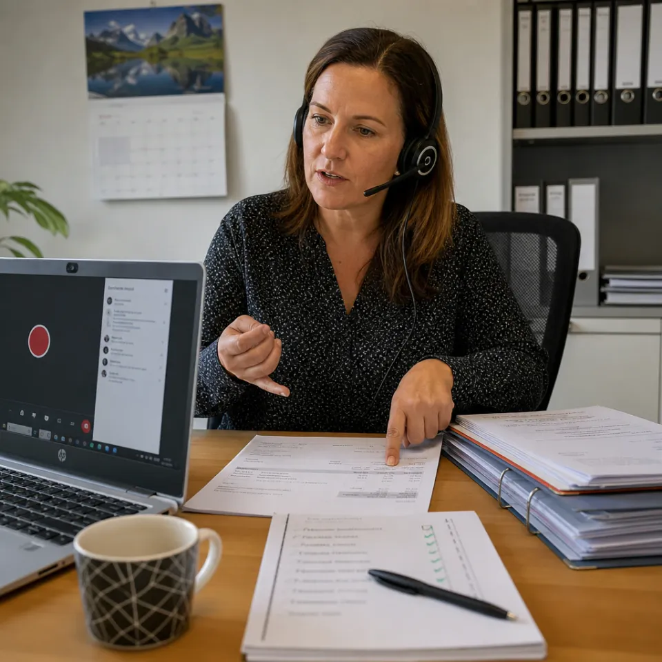 Bþroangestellte zeichnet am Laptop eine Arbeitsaufgabe für die KI Claude Cowork per Bildschirmaufnahme auf, während sie die Schritte laut erklärt.