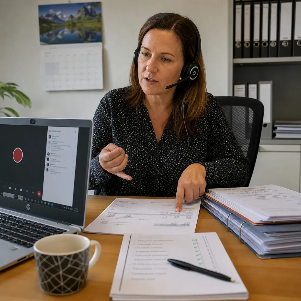 Office worker records a work task for the AI Claude Cowork via screen recording on a laptop while explaining the steps out loud.