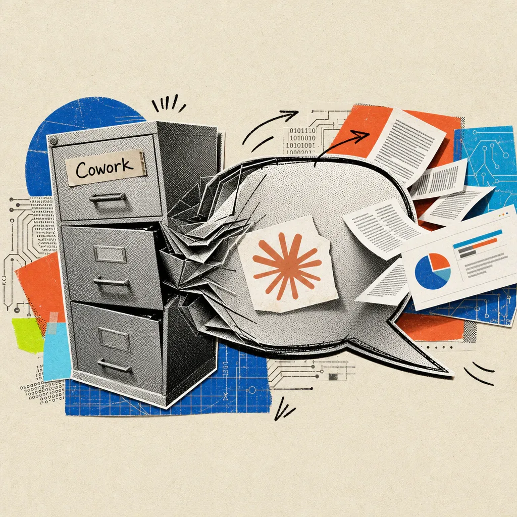 A filing cabinet labeled Cowork merges into a speech bubble bearing a Claude logo sticker, with document pages and a presentation slide flowing out of it.