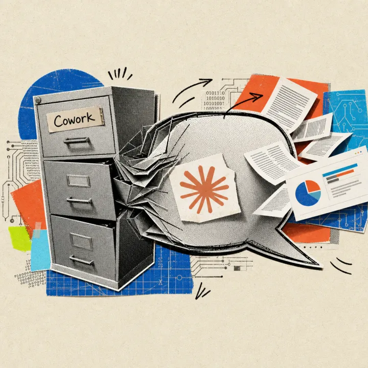 A filing cabinet labeled Cowork merges into a speech bubble bearing a Claude logo sticker, with document pages and a presentation slide flowing out of it.