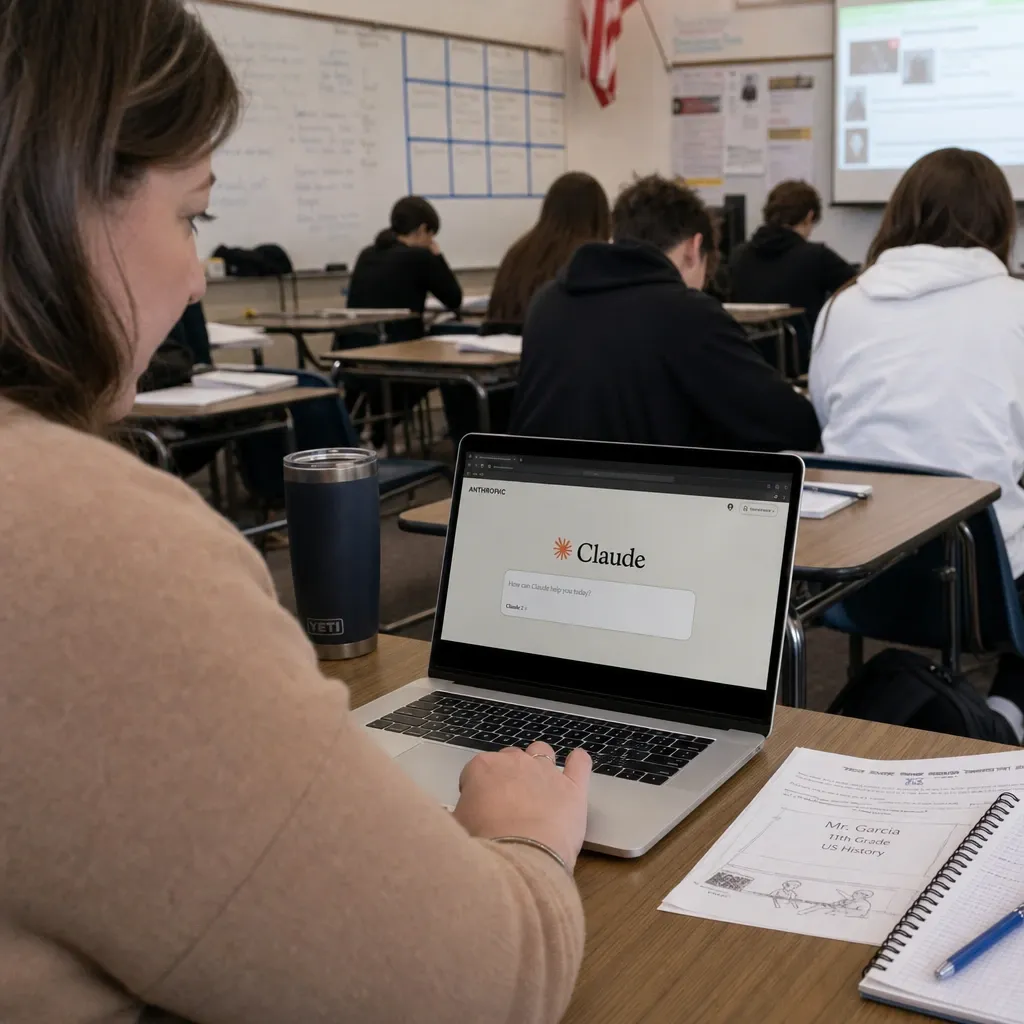 Teacher using a laptop showing the Claude interface in a classroom, students and a blackboard in the background.