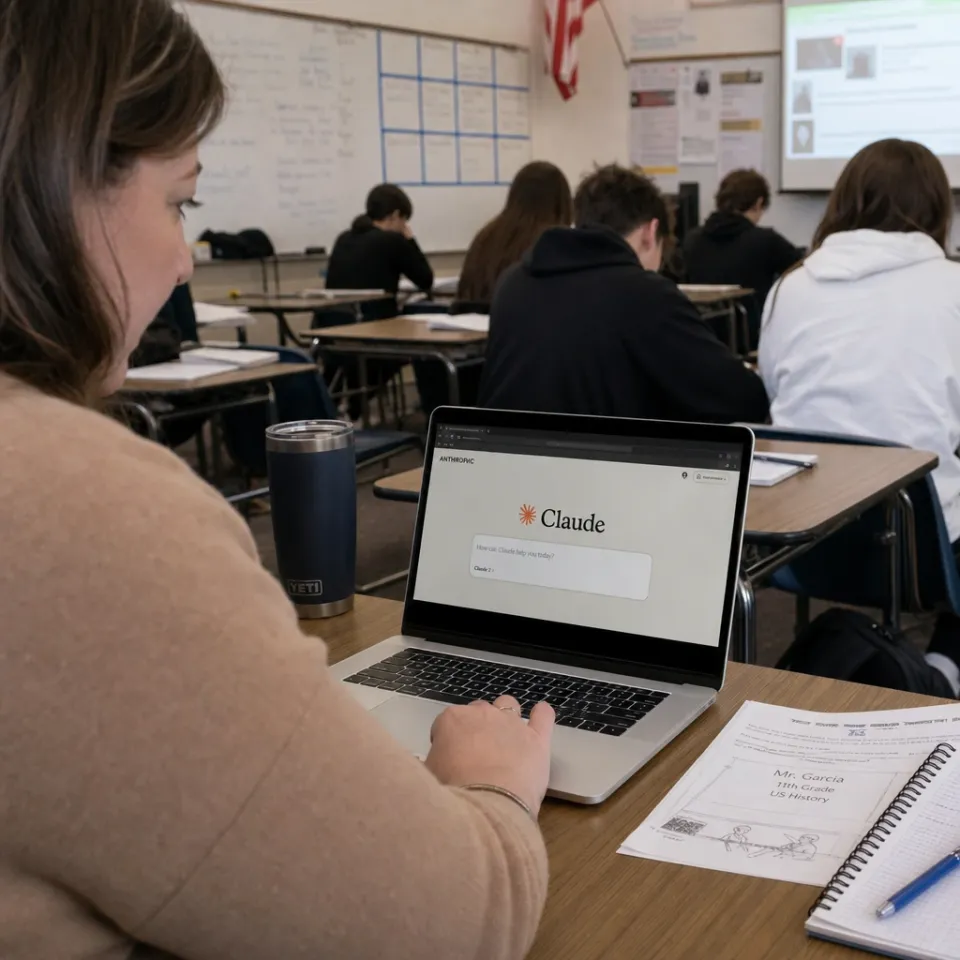 Teacher using a laptop showing the Claude interface in a classroom, students and a blackboard in the background.