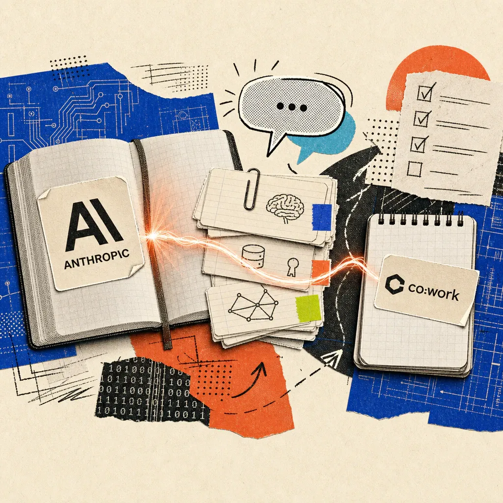 An Anthropic logo sticker is stuck on an open notebook, a glowing thread connects its topic index cards with a second notebook featuring the Cowork symbol.