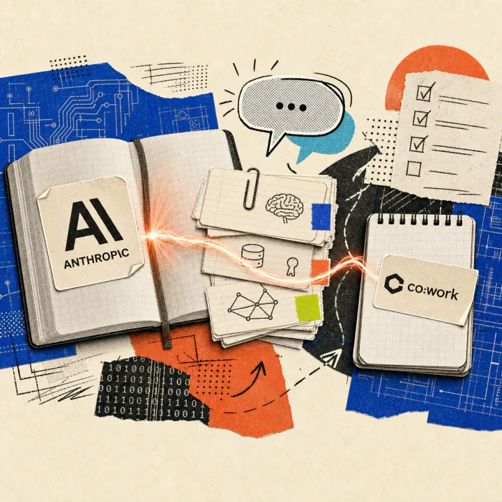 An Anthropic logo sticker is stuck on an open notebook, a glowing thread connects its topic index cards with a second notebook featuring the Cowork symbol.