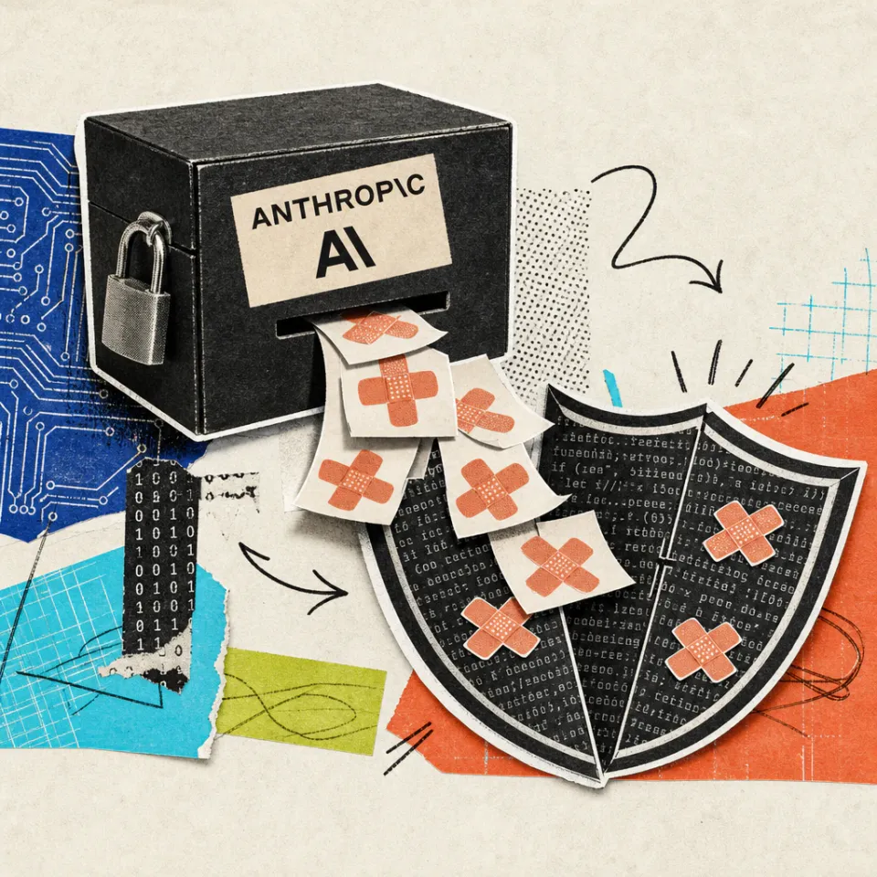 Aus einer verschlossenen schwarzen Kiste mit Anthropic-Logo fallen Zettel mit Pflaster-Symbolen, die ein Schutzschild über Zeilen aus Computercode flicken.