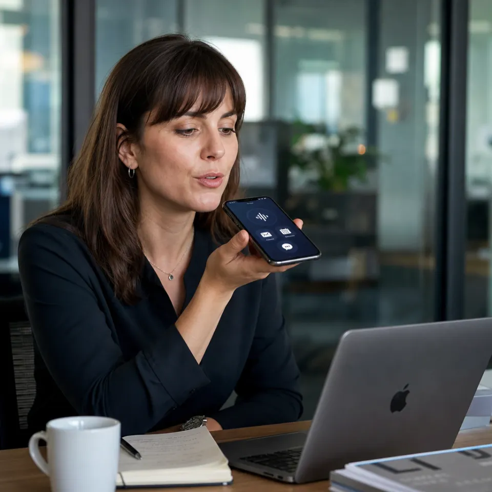 Eine Büroangestellte spricht unterwegs in ihr Smartphone, auf dem Bildschirm sind Symbole für Sprachmodus, E-Mail, Kalender und Chat zu sehen.