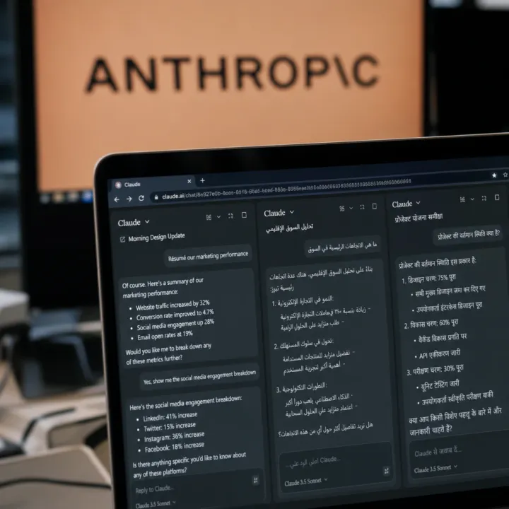 Chat interface of Anthropic's AI model Claude with parallel open conversations in Latin, Arabic, and Devanagari script on a laptop screen.