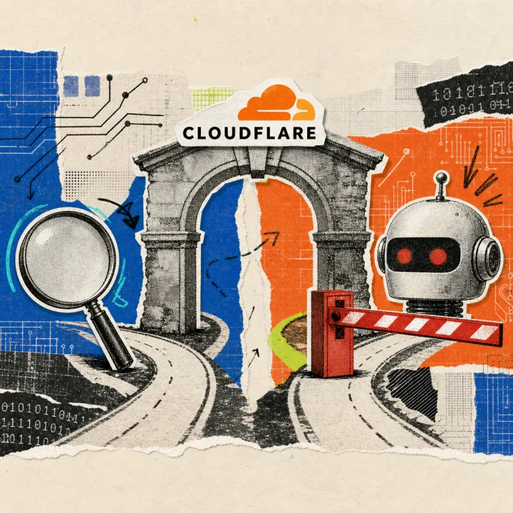 An archway with the Cloudflare logo as a sticker above its peak splits into two paths behind it: one leads to a large magnifying glass, the other ends at a red barrier in front of a stylized robot head.