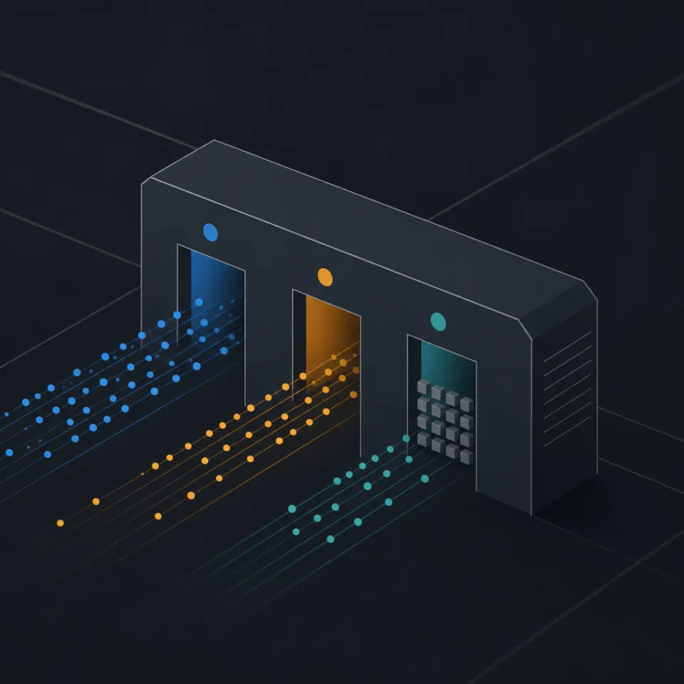 Abstract geometric illustration: a network gate with three separate, differently colored channels through which particles flow or are stopped, symbolizing differentiated bot access control by purpose