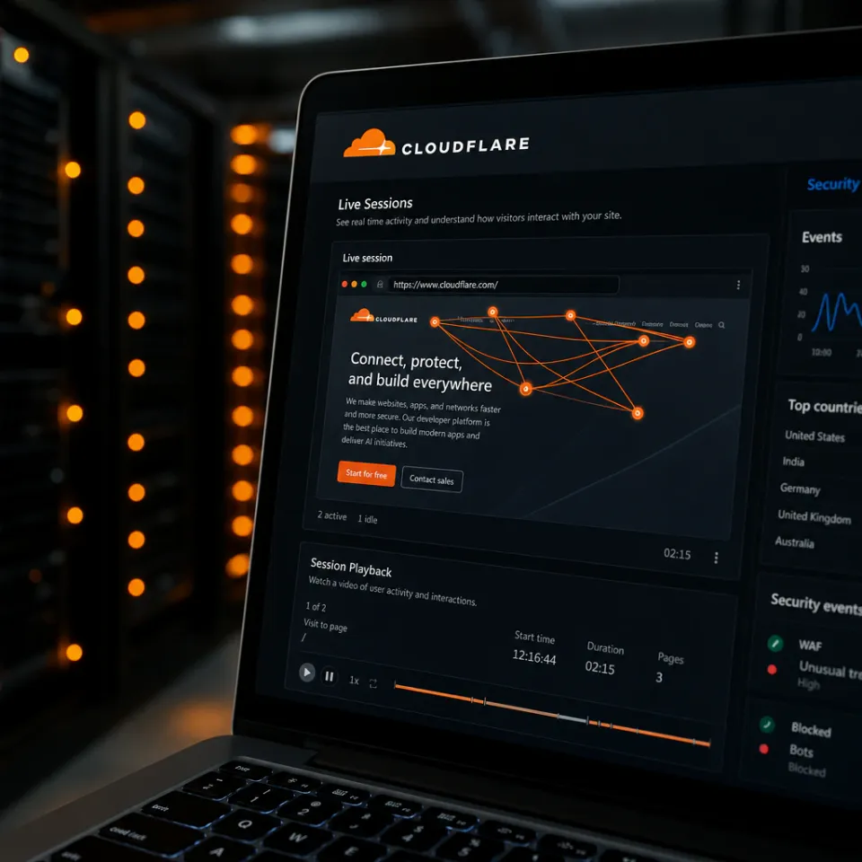 Laptop screen with Cloudflare dashboard visualizing a browser session with mouse movement and scroll tracking lines