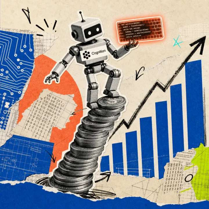 Ein Roboter mit Cognition-Logo-Sticker balanciert auf einem Turm aus Dollarmünzen und hält eine Tastatur mit Codezeilen, im Hintergrund zeigt ein Balkendiagramm steil nach oben.