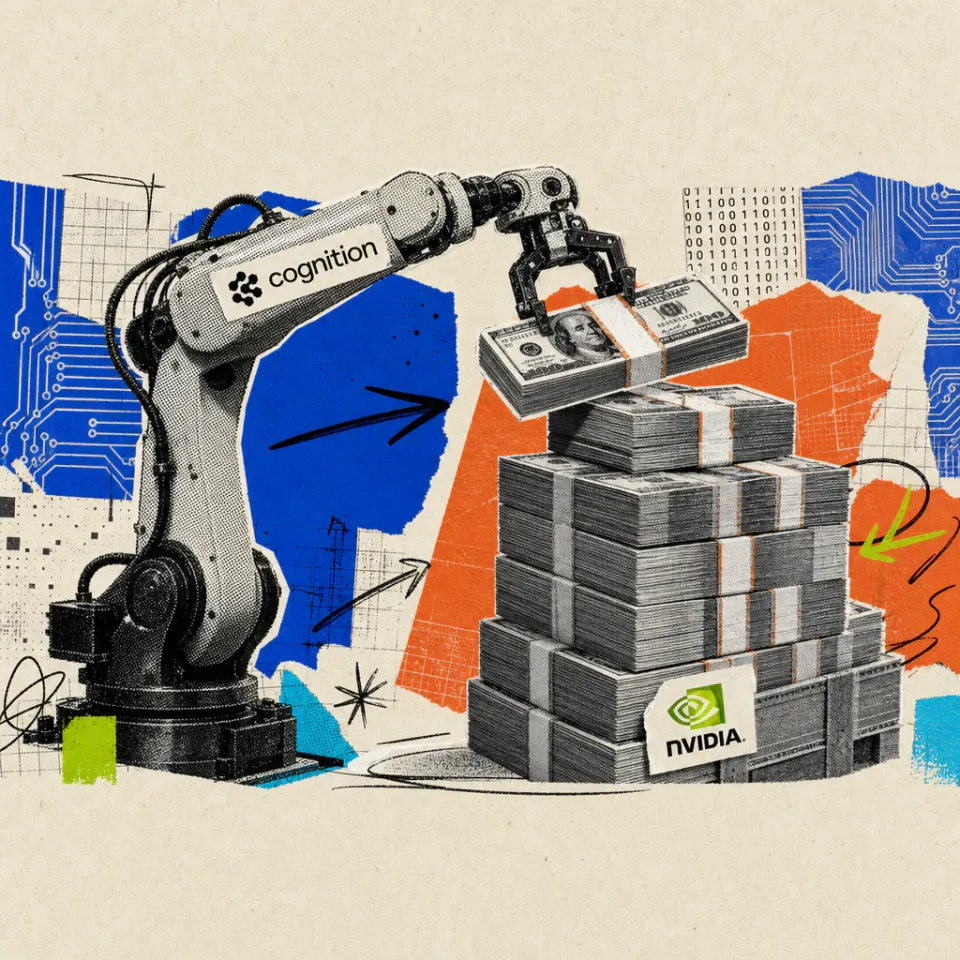 Ein Roboterarm mit Cognition-Aufkleber stapelt Geldscheinbündel zu einem Turm, am Fuß klebt ein Nvidia-Logo-Sticker.