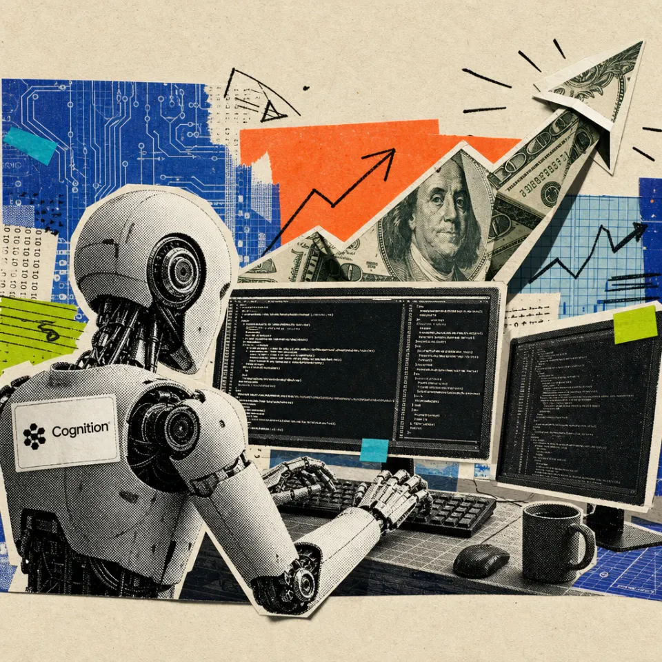 Ein Roboter mit Cognition-Logo-Sticker sitzt an einer Tastatur vor Codezeilen, im Hintergrund faltet sich ein Dollarschein zu einem steil ansteigenden Pfeil.