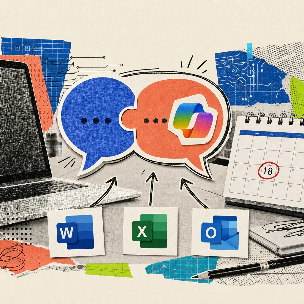 Two speech-bubble icons with the Microsoft Copilot logo merge into one over a desk, next to a calendar page with August 18 circled in red and icons for Word, Excel, and Outlook.