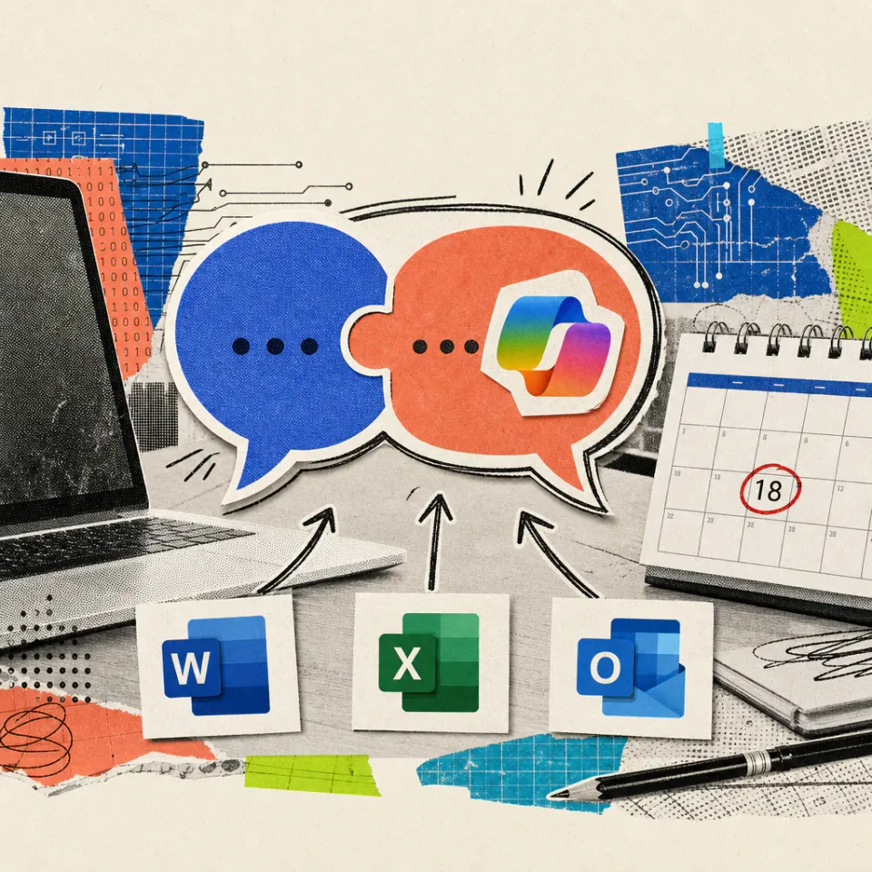 Zwei Sprechblasen mit dem Microsoft-Copilot-Logo wachsen über einem Schreibtisch zu einer einzigen zusammen, daneben ein Kalenderblatt mit rot markiertem 18. August und Symbole für Word, Excel und Outlook.