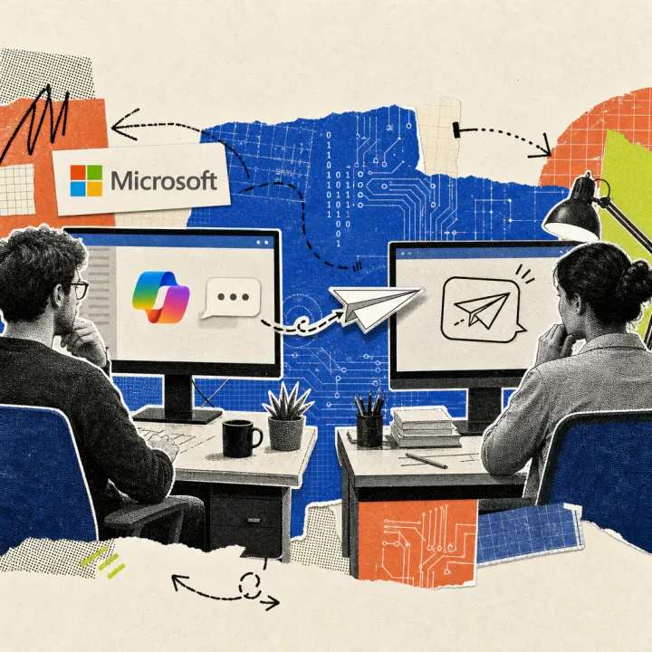 A chat window with the Microsoft Copilot logo sends a speech bubble as a paper airplane to a neighboring screen.