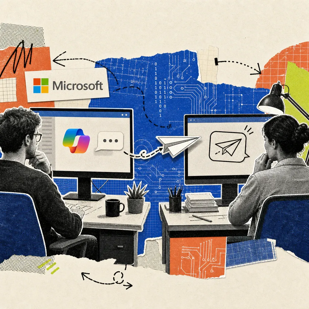 A chat window with the Microsoft Copilot logo sends a speech bubble as a paper airplane to a neighboring screen.