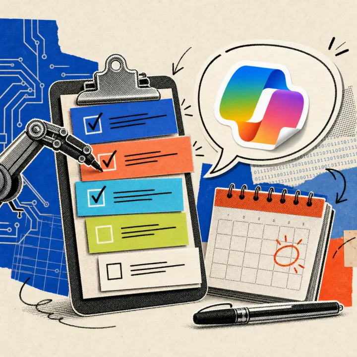 A clipboard with colorful task cards, a checkmark is automatically placed on a checklist from a speech bubble with a Microsoft Copilot logo sticker.