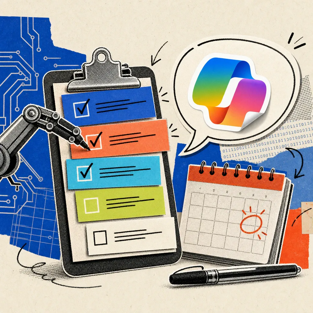 A clipboard with colorful task cards, a checkmark is automatically placed on a checklist from a speech bubble with a Microsoft Copilot logo sticker.