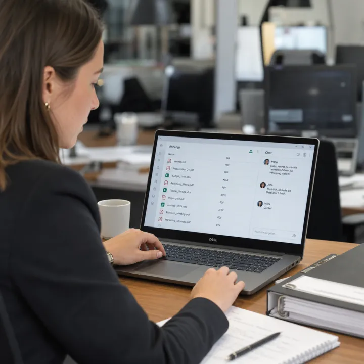 Eine Büroangestellte prüft am Laptop eine von Copilot erstellte Liste mit E-Mail-Anhängen neben einem Aktenordner auf dem Schreibtisch.
