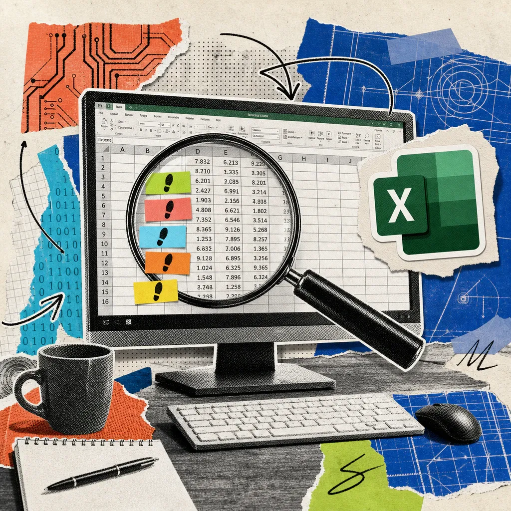 Eine Lupe schwebt über einer Excel-Tabelle auf einem Monitor, bunte Klebezettel markieren einzelne Zeilen, daneben ein Microsoft-Excel-Logo-Aufkleber.
