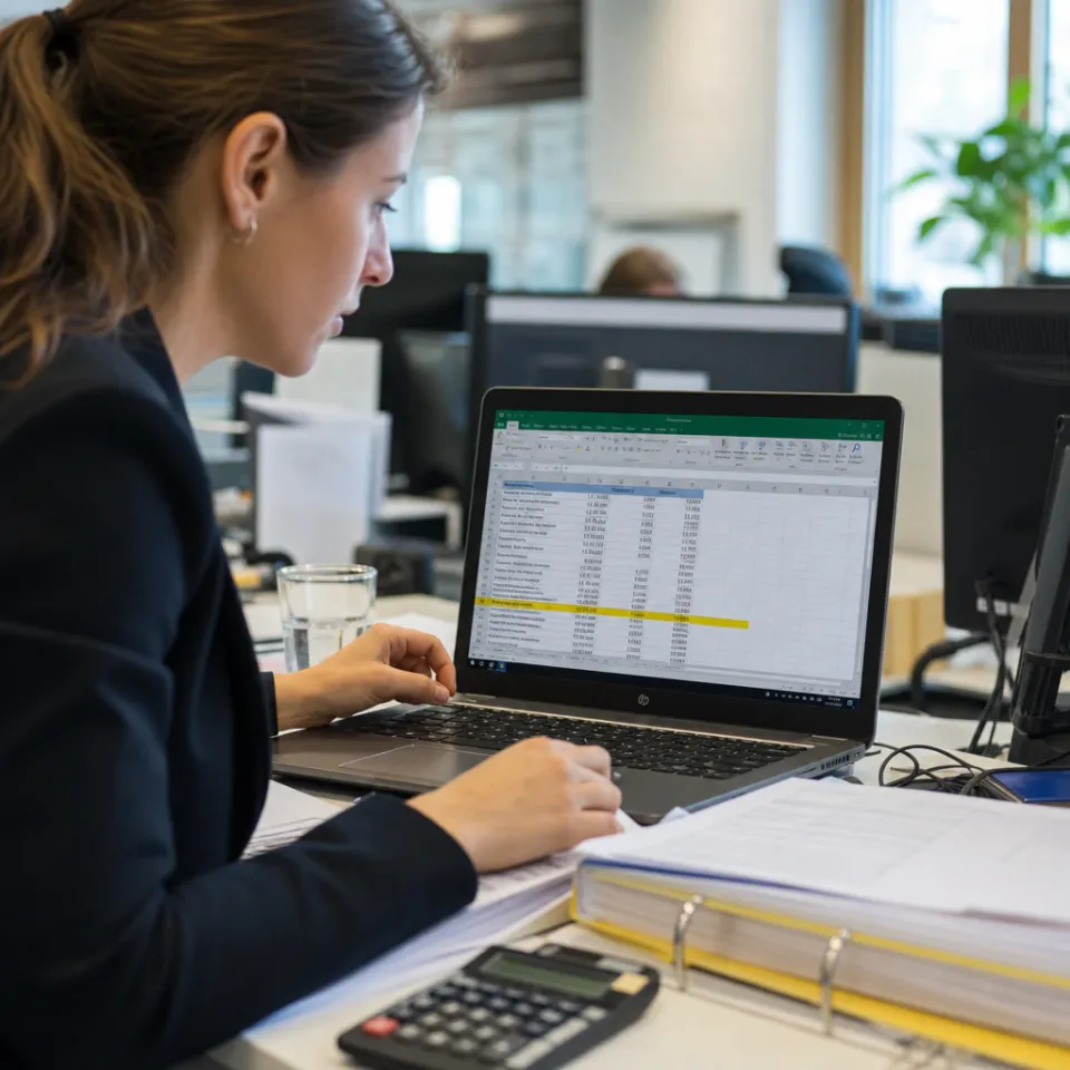 An office worker sits at a desk in front of a laptop with an Excel spreadsheet, next to a calculator and a file folder.