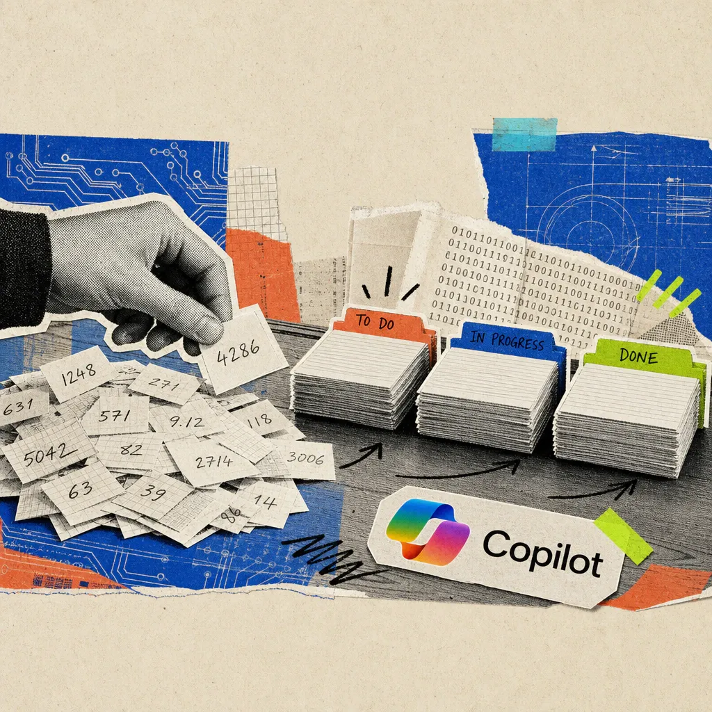 A hand sorts a pile of loose, handwritten number slips on a desk into neatly labeled stacks, next to it is a Copilot logo sticker.