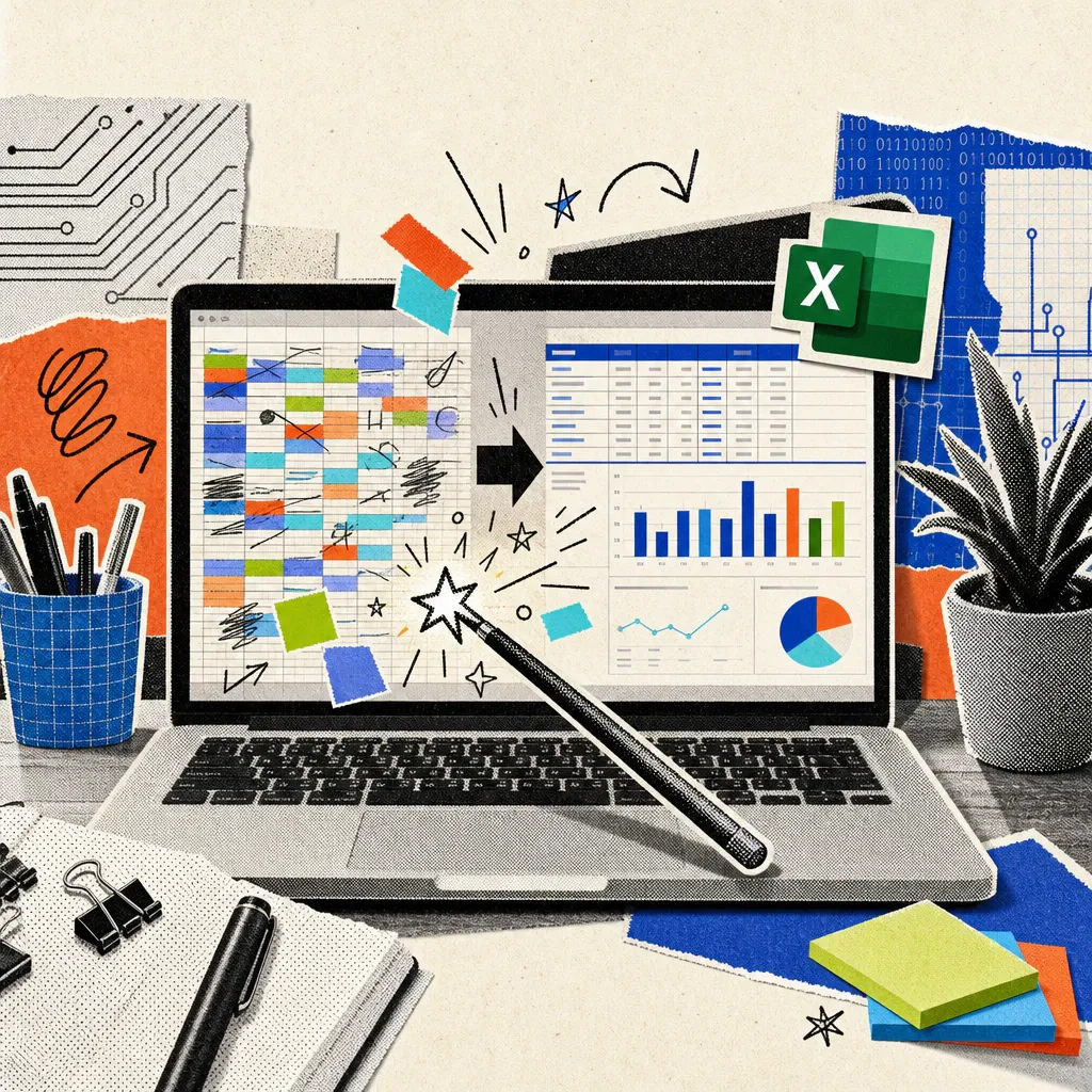 Ein Laptop-Bildschirm zeigt, wie sich eine unordentliche Tabelle in eine farblich abgestimmte Excel-Tabelle mit Diagrammen verwandelt, daneben klebt ein Excel-Logo-Sticker.