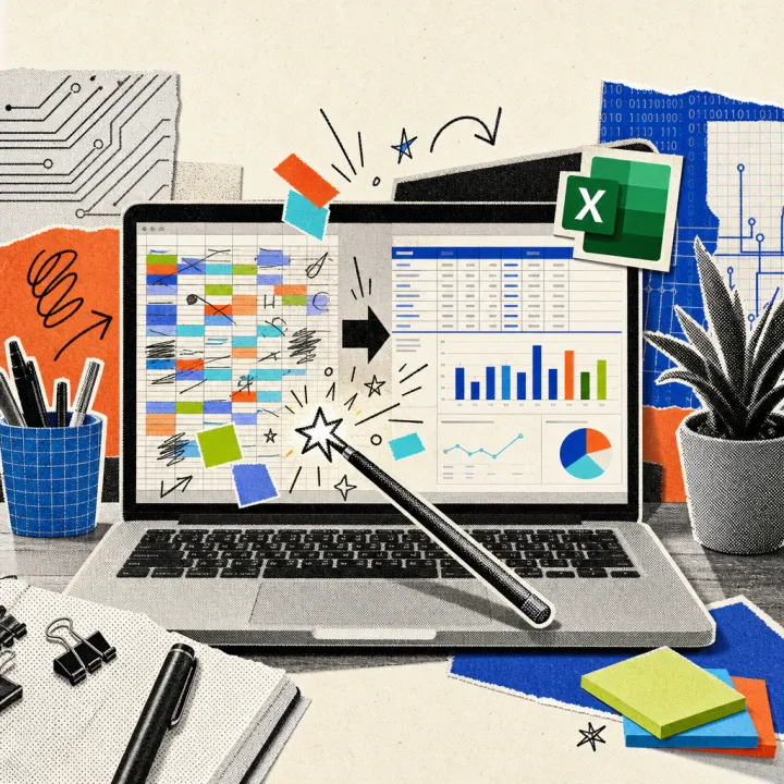 Ein Laptop-Bildschirm zeigt, wie sich eine unordentliche Tabelle in eine farblich abgestimmte Excel-Tabelle mit Diagrammen verwandelt, daneben klebt ein Excel-Logo-Sticker.