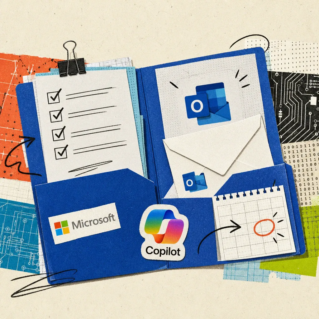 An open welcome folder with a checklist, an envelope and a calendar page on a desk, with a Copilot logo sticker next to it.